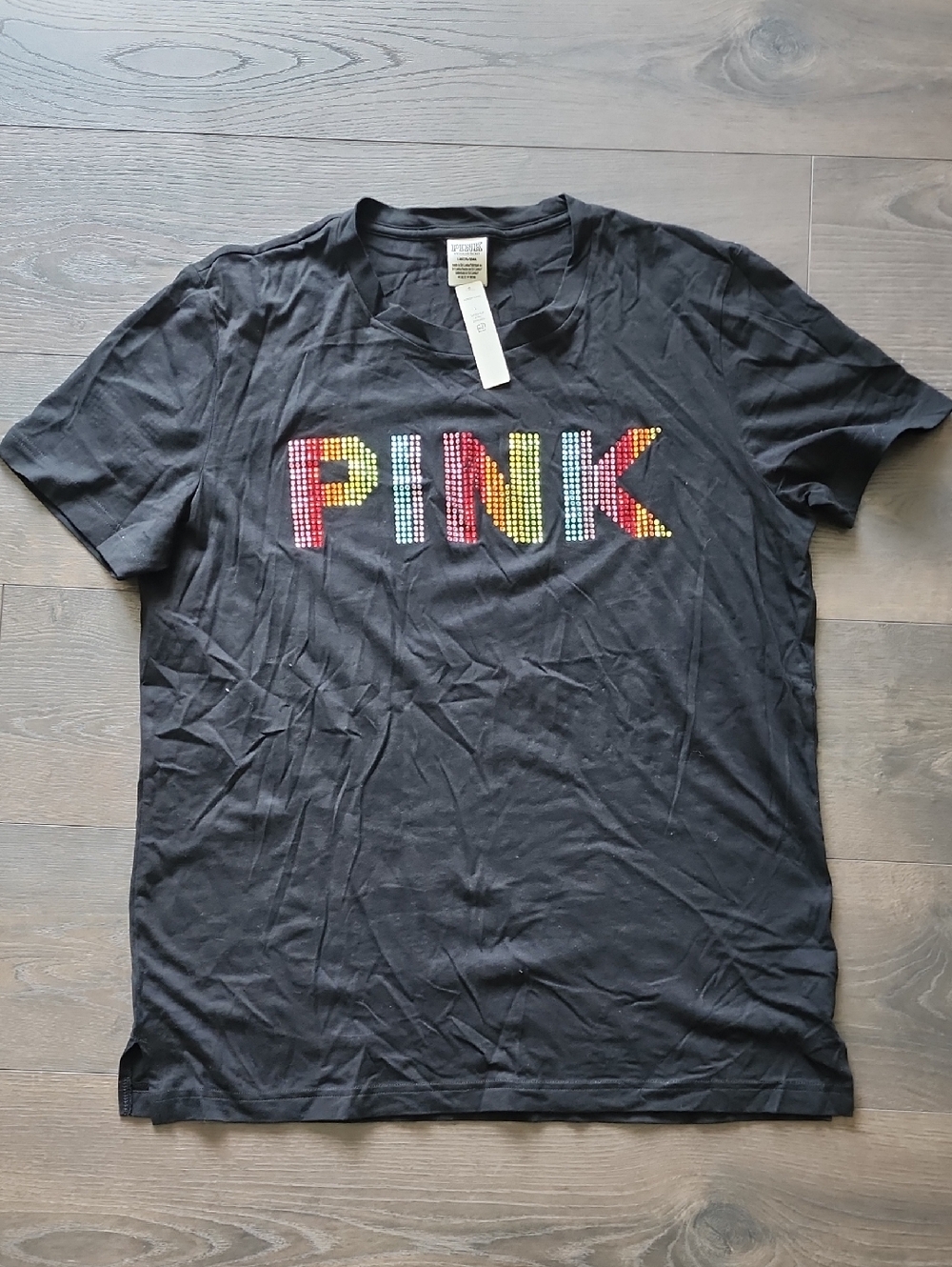 PINK Campus Studded Rhinestone Bling Logo Black Rainbow Pride Tee